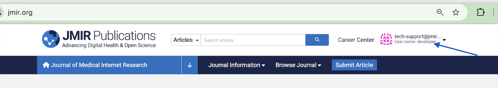 Top right hand corner of jmir.org with appro pointing at logged in user
