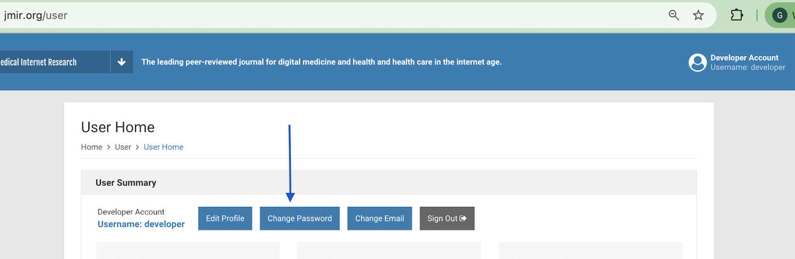 Arrow pointing at change password button under User Summary screen