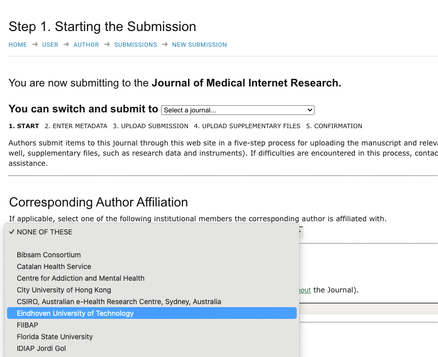 Screen clip: Step 1. Starting the Submission selecting Corresponding Author Affiliation from a drop down list of institutions with "Eindhoven University of Technology" highlighted