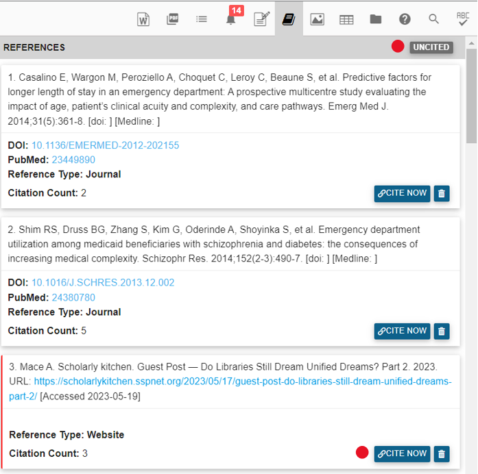References accessed from the right side of the editing page with the uncited button marked