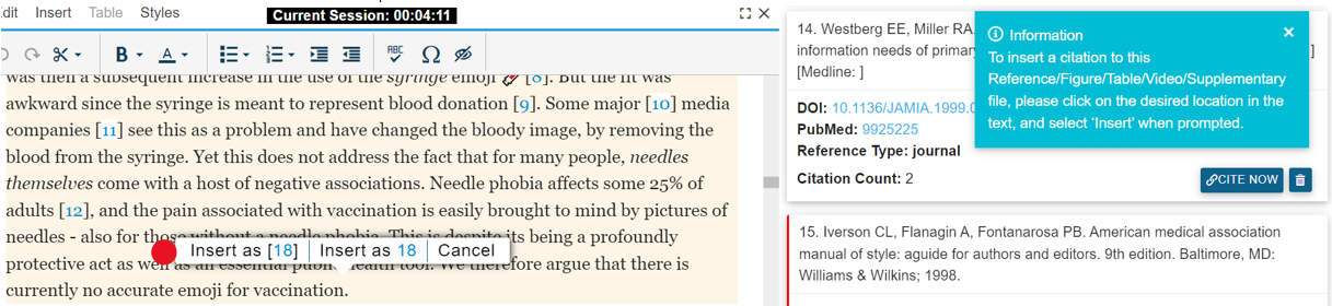 Screen clip with insert citation position selected