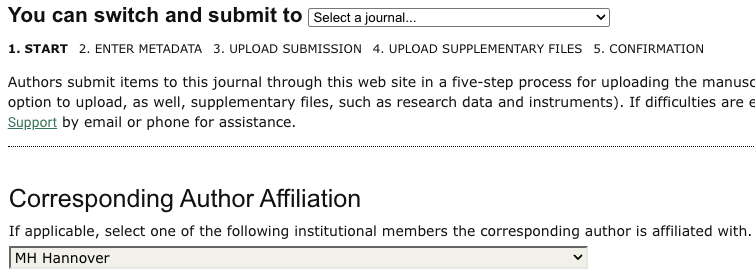 Image of Step 1 of the submission process showing location of dropdown menu to select Corresponding Author's affiliation with an institutional partner.