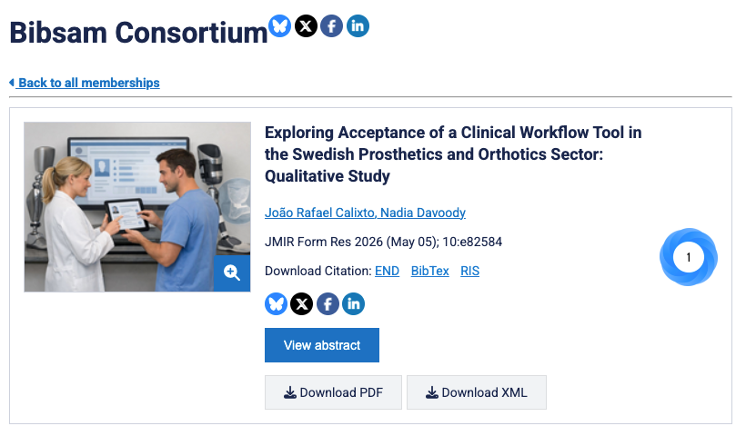Screenshot of an Institutional Highlights page showing a recent article published through JMIR's partnership with the Bibsam Consortium.