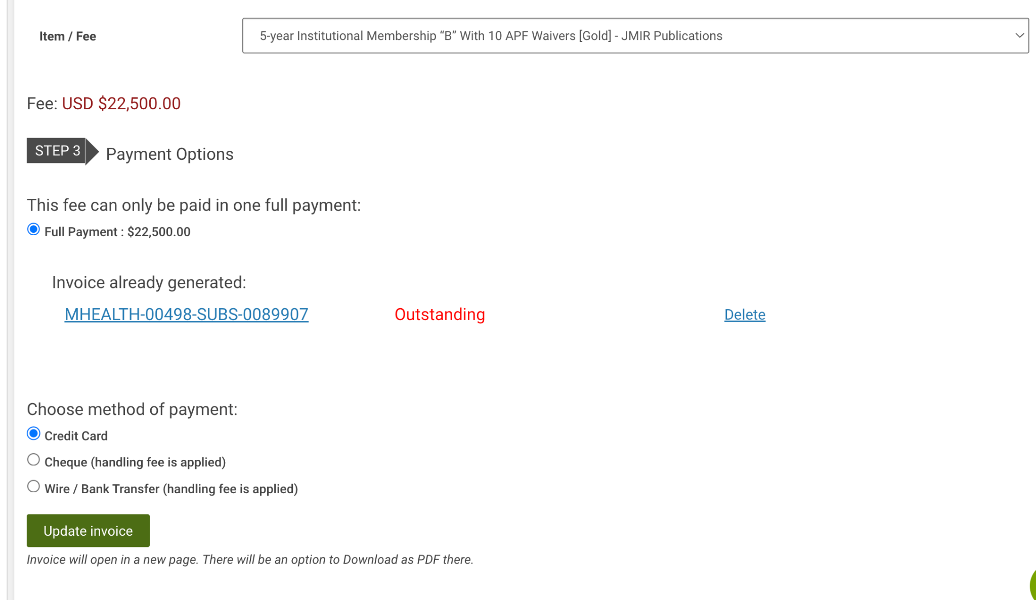 Screenshot of payment options, including credit card, cheque, or wire / bank transfer.