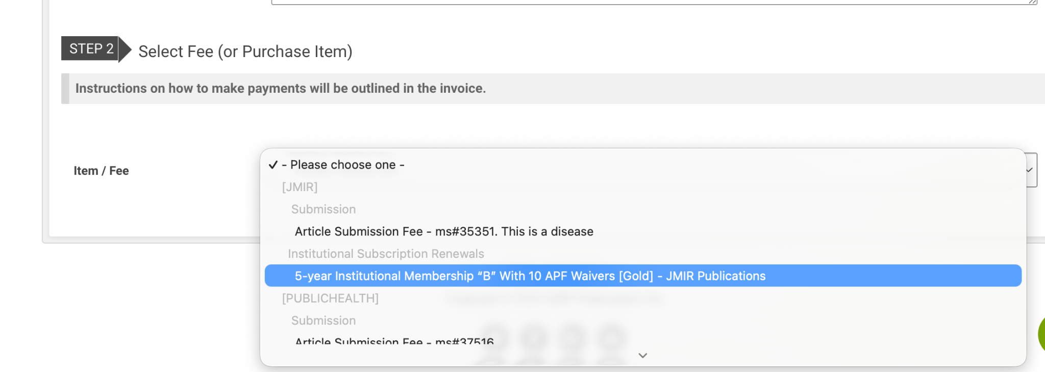 Screenshot of the Item/Fee dropdown menu showing available items. The Institutional Membership is highlighted in blue.