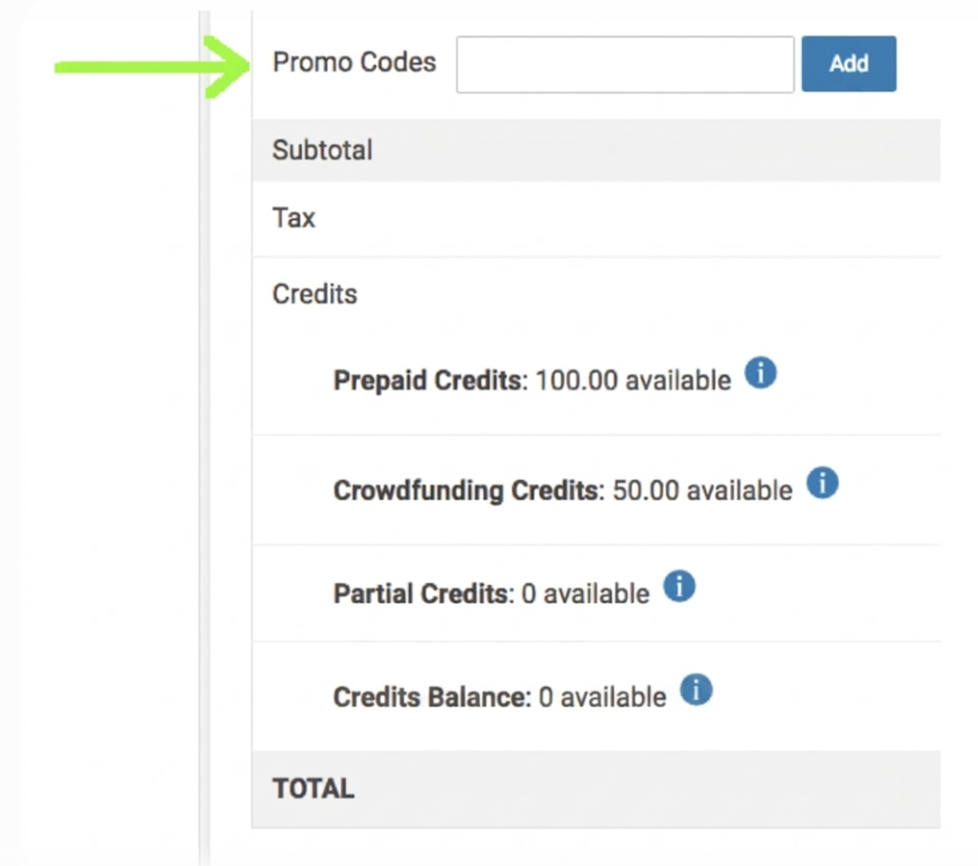 Screenshot indicating location of promo code text field