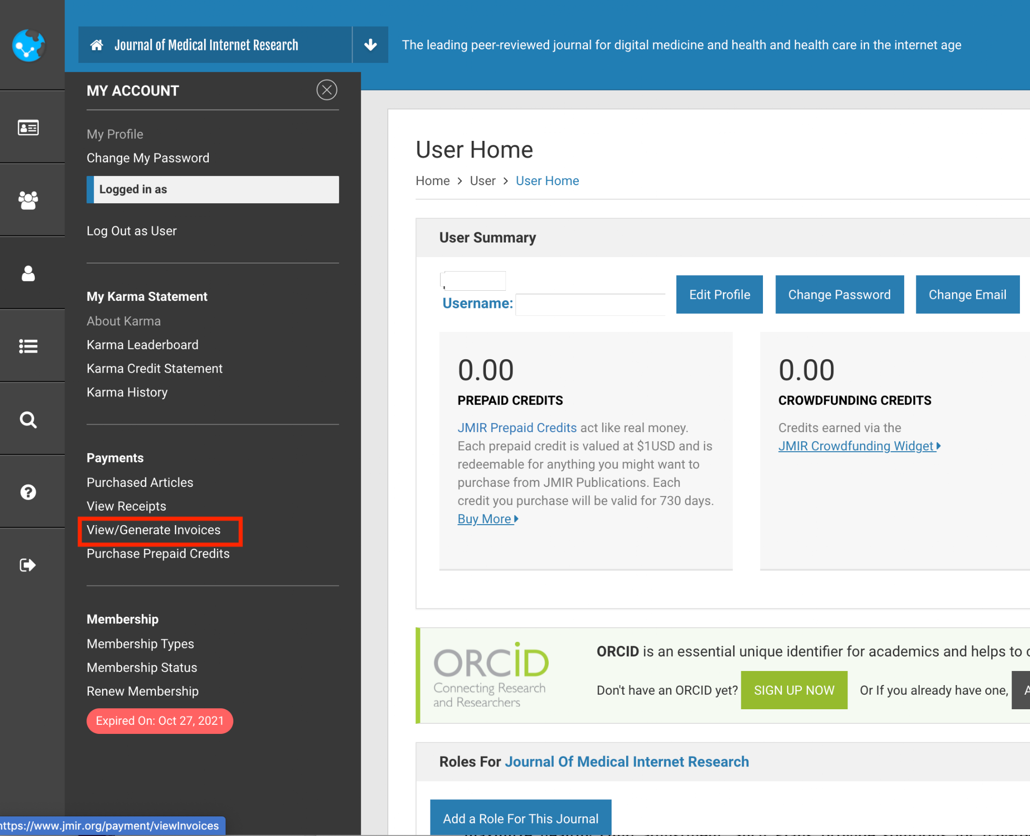 Screenshot of a JMIR author account. There is a red box around 'View/Generate Invoices'
