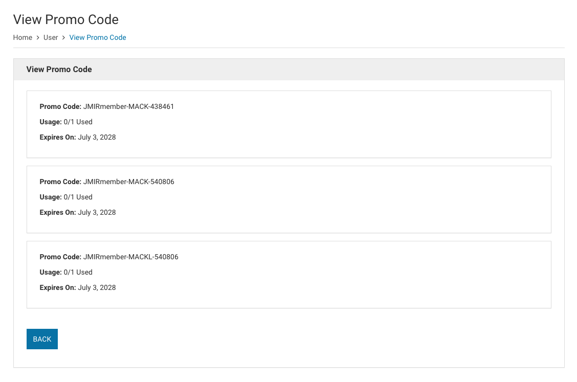 Screenshot showing 'View Promo Code' screen with three sample promo codes and their status.
