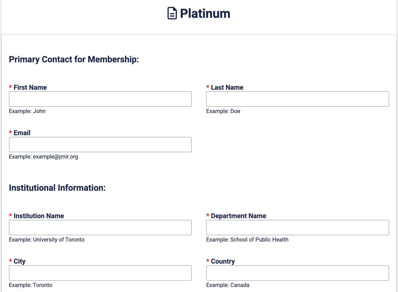 Screenshot of the Membership application form.